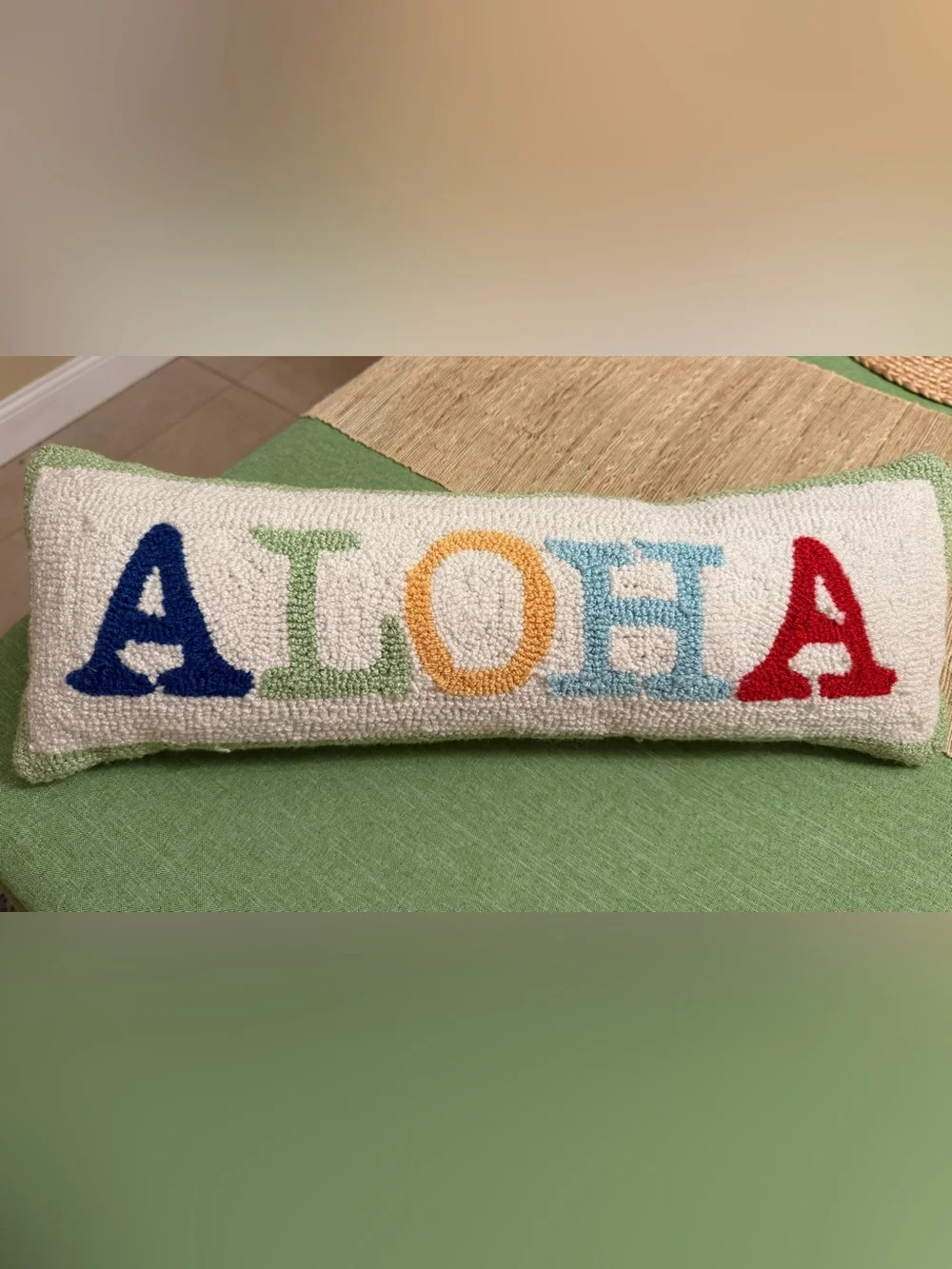 Aloha Hooked Lumbar Pillow - Multicolor Letters on Cream 22” x 8”